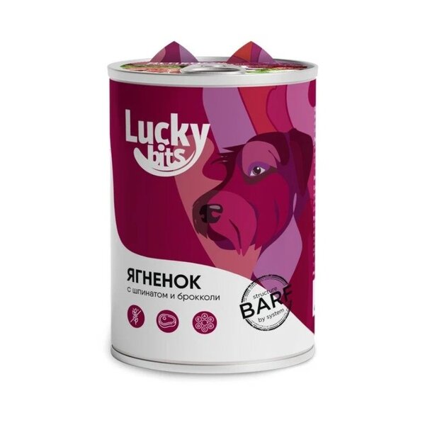 Консервы lucky bits д/собак всех пород ягненок с брокколи и шпинатом 400г